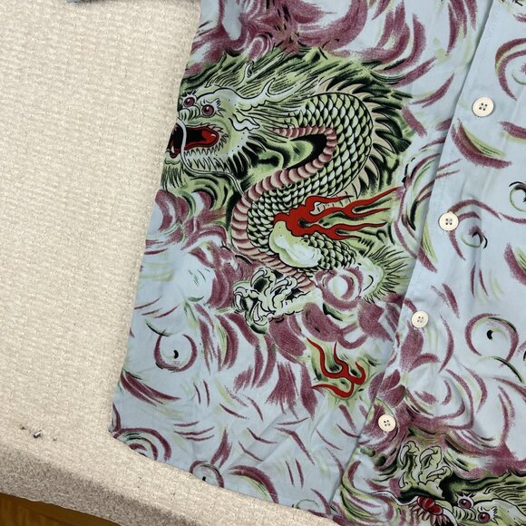Y2K Claudio Nucci Trippy Flames Dragon AOP  Button Shirt Men Sz L Blue / Green - Picture 7 of 16